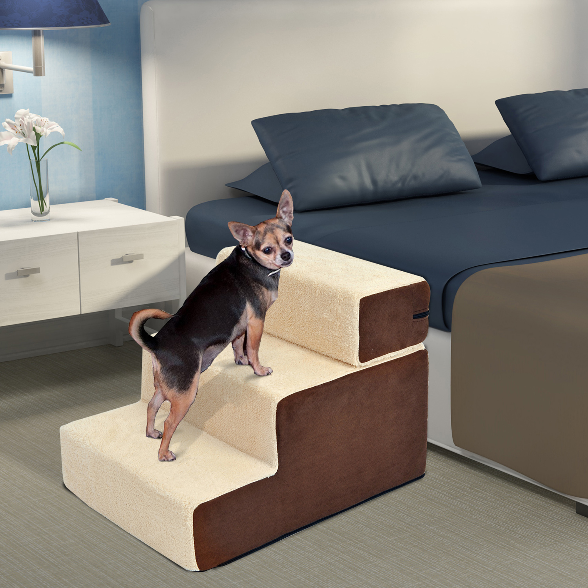 Pawhut Scala per Cani e Cuccioli   3 Gradini Rimovibili e Antiscivolo   Per Divano o Letto   Beige e Marrone   54x40x39cm Aosom