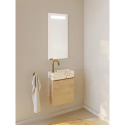 RIHO Spring Marble Tiny Wash-Set, Waschtisch mit Unterschrank, eine Tür, 1 Hahnloch rechts, 40x20x42cm, Marmor weiß, F001571D05, Farbe: Nature Oak Holzdekor