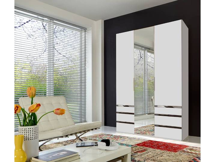 Drehtürenschrank Level 36A 150 x 216cm Weiß/Alpinweiß mit Spiegeltür/-en