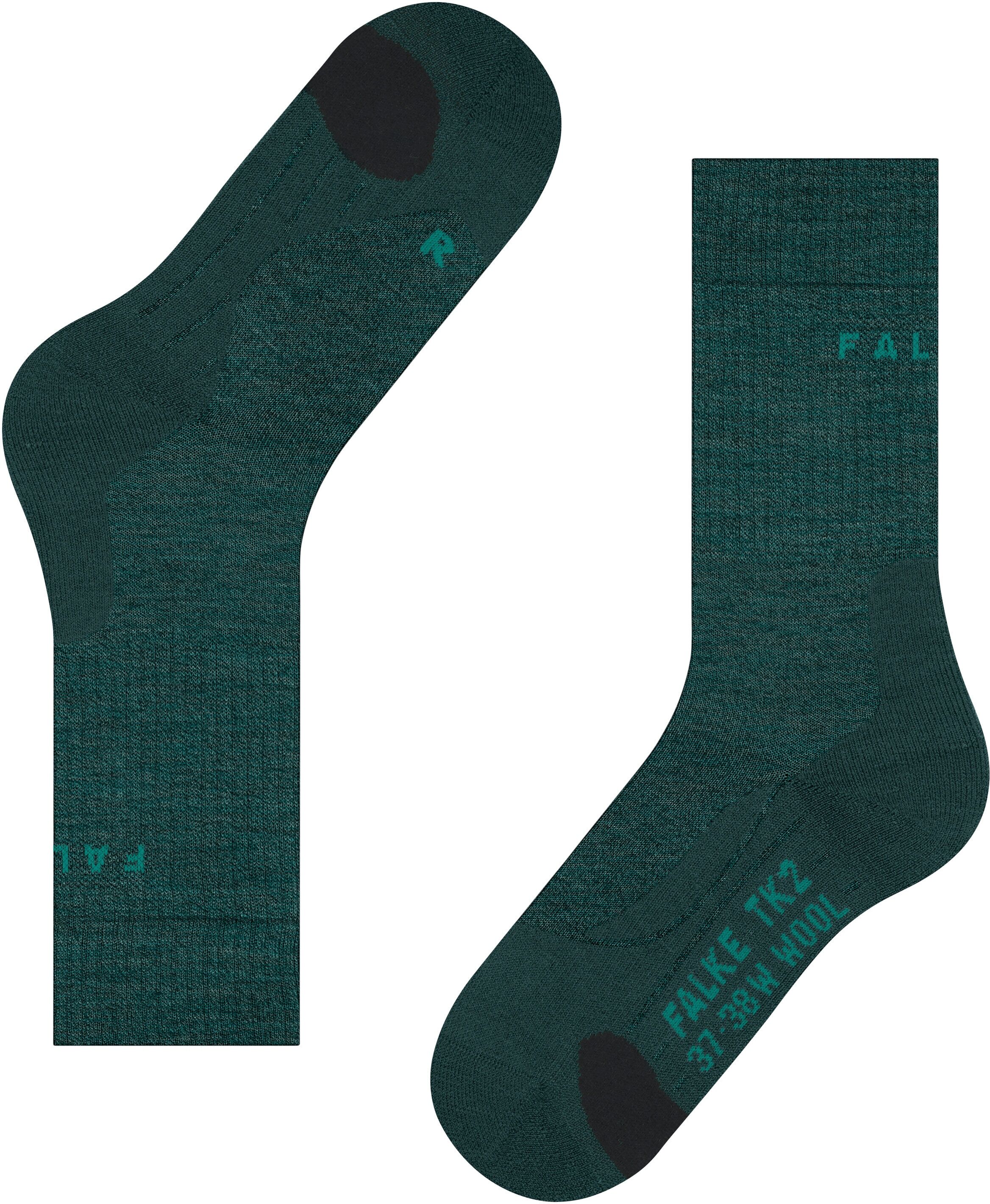 Wandersocken FALKE "TK2 Explore Wool", Herren, Gr. 46-48, grün (holly), Materialmix, normal, Socken Wandersocken, hoher Komfort im Mittelgebirge, atmungsaktiv, schnelltrocknend holly 46-48