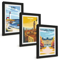 BILDER SET 3er Set - 20x30 cm Schwarzer Rahmen - Ansichten von Orten am Meer und von Städten