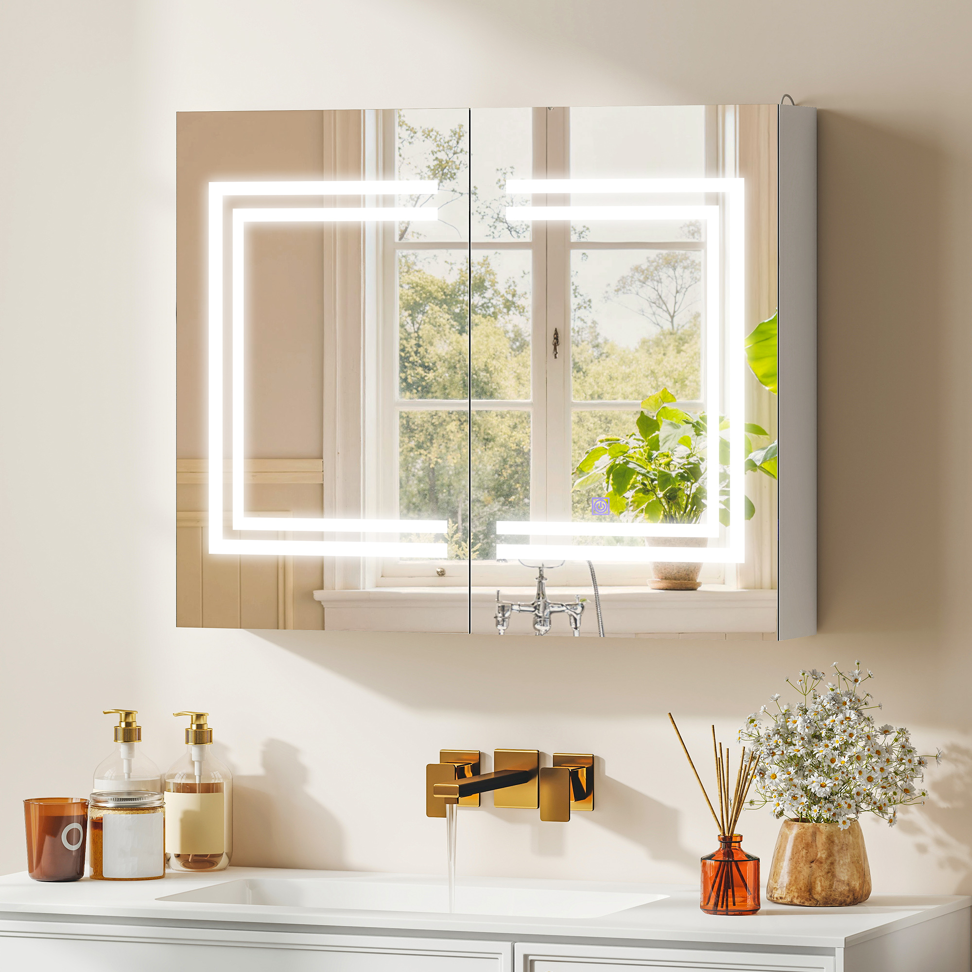 Kleankin Specchio Bagno Contenitore con Luce LED, 80 x 65cm Mobile Bagno con Specchio, Anta Soft Close, Dimmerabile a 3 Colori, Ripiani Regolabili, Bianco Lucido   Aosom Italy