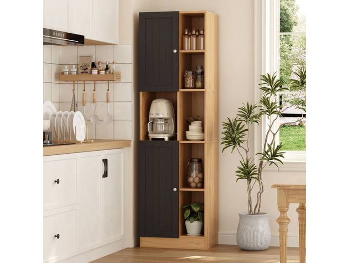 Armoire d'angle Haute 170cm Meuble de Rangement Cuisine MDF 6 Étagères Ouvertes + 2 Portes Gain de Place Chêne 50×35 5×170cm