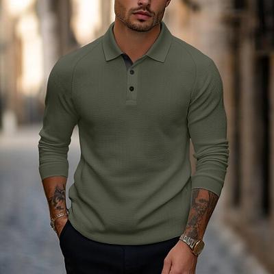 Herren Textur Golf Poloshirts Geschäft Lässig Gerippter Polokragen Langarm Mode Basic Einfarbig Stricken Herbst Winter Normale Passform Dunkelgrau Schwarz Armeegrün Marineblau Hellgrau Textur