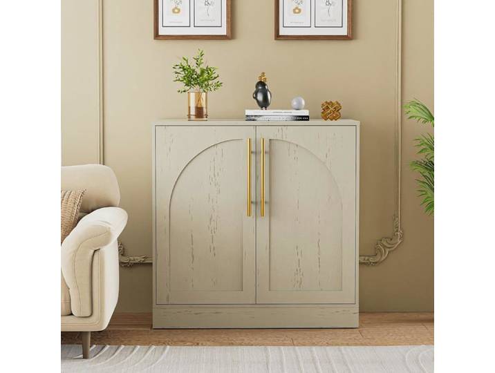 GOOBUY Buffet Bas à 2 Portes Meuble de Rangement avec Manche en Métal Doré Porte à Motif en Arc Support 50kg 80x40x78cm Beige