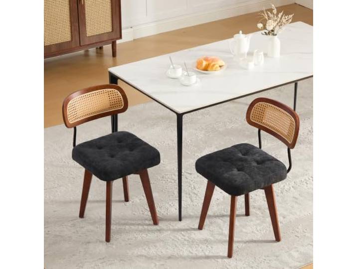 Bellemave Esszimmerstühle 2er Set,360°drehbar,Rattan-Lehne,Chenille,Schwarz 150kg Tragfähigkeit, höhenverstellbare Bodenschrauben, ergonomische Form, Mid-Century Stil, belastbarer Metall-Sockel