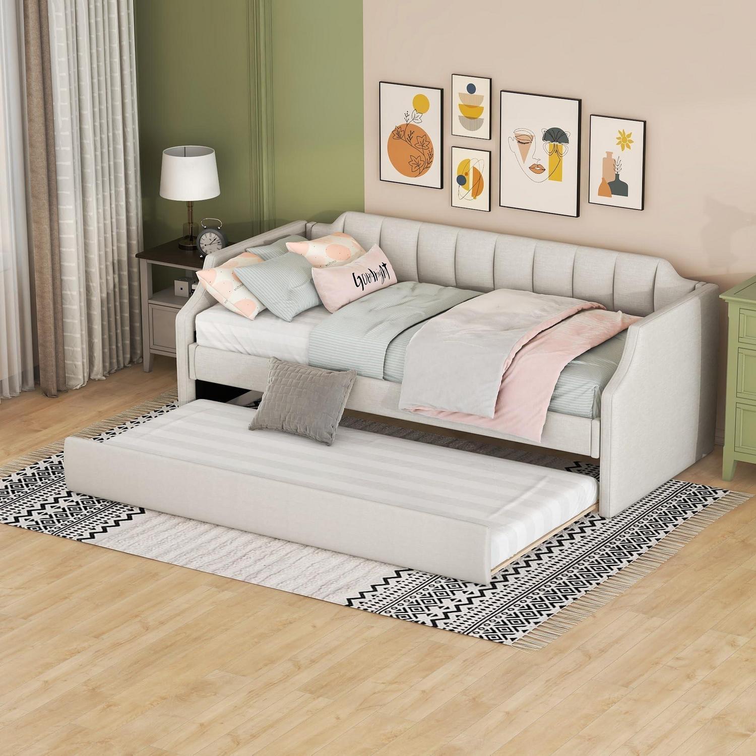 Gepolstertes Einzeltagesbett mit Rollbett 90x200 cm Beige