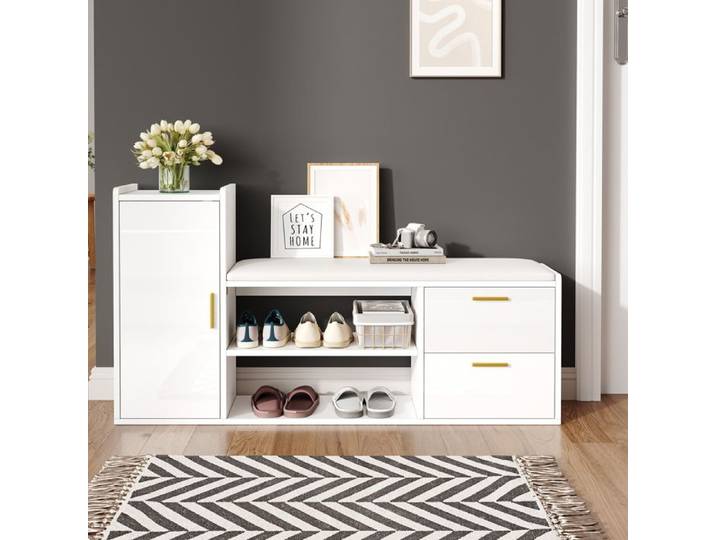 128*30*68cm Armoire à chaussures Chaussure avec 2 tiroirs 1 Armoire Haut lustre Chaussures Bancs avec tapis et espace de stockage
