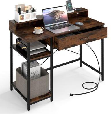 Costway 48 Inch Computer Desk with Monitor Stand Drawer and Shelves-Rustic Brown