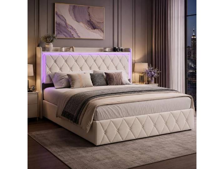 lit coffre hydraulique 140x190 lit coffre capitonne lit double 140x190 coffre avec usb et led lit rembourre 140x190 velours beige