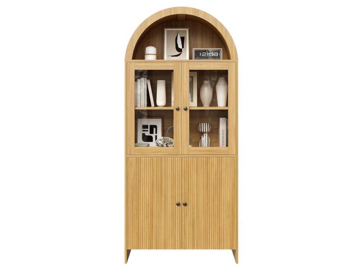 Modenvie Vitrine 78/40/176 cm aus Holzwerkstoff mit Glastüren und Wellenfront Natur, Naturfarben, 78x176x40 cm, Esszimmer, Vitrinen, Vitrinenschränke