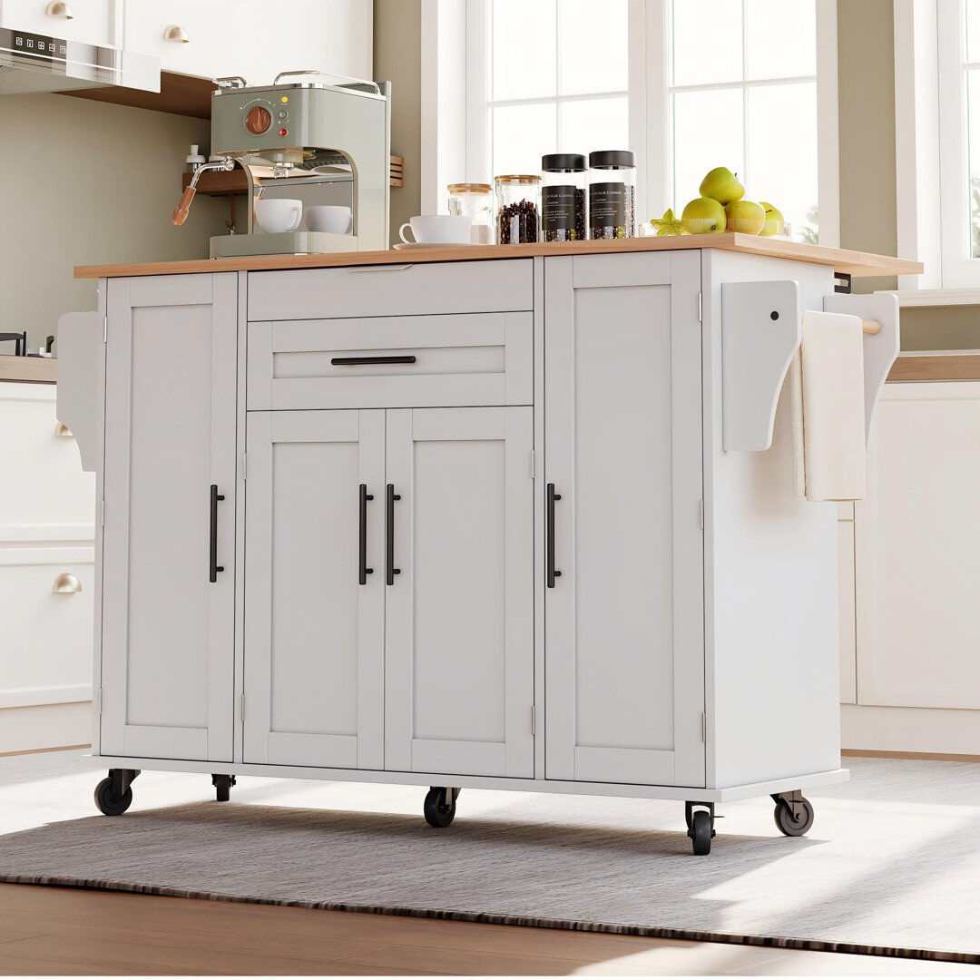 Ebern Designs 136 cm W Kitchen Island with Top White/Natural 92cm H X 136cm W X 70cm D