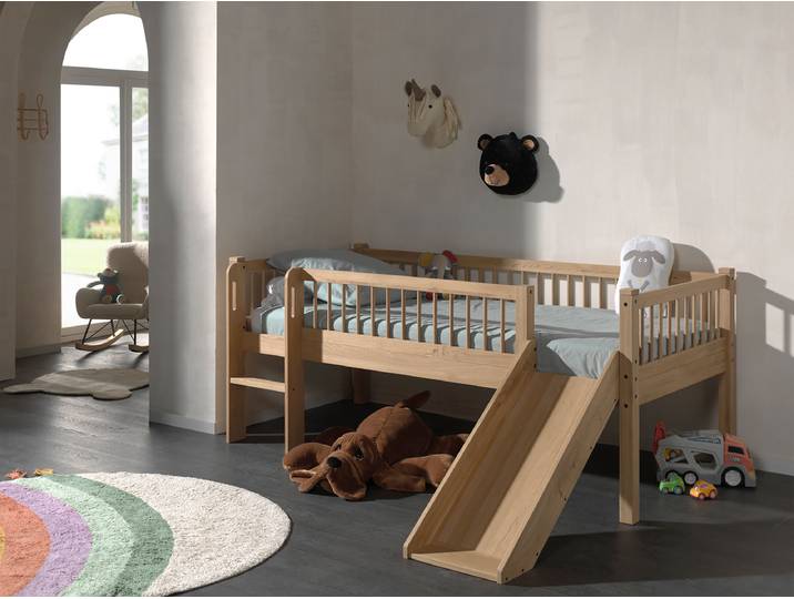Massives Spiel-Hochbett 90 x 200cm Braun/Eiche mit Rutsche