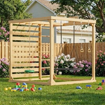 Timechee Backyard Playground Set with Rock Climbing Wall, Dual Climbing Ladders, Flying Saucer Swing & Gym Rings, Solid Cedar Wood Frame