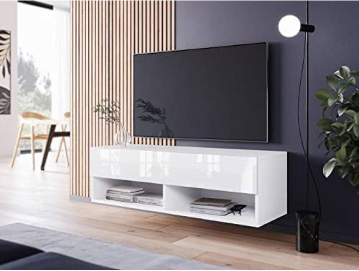 MINIO go for it - Lowboard TV-Schrank 100x30x33cm, Türen und Regalen LED Offene Nischen Laminierte Spannplatte Praktisch und Funktionell Weiß Matt und Weiß Hochglanz