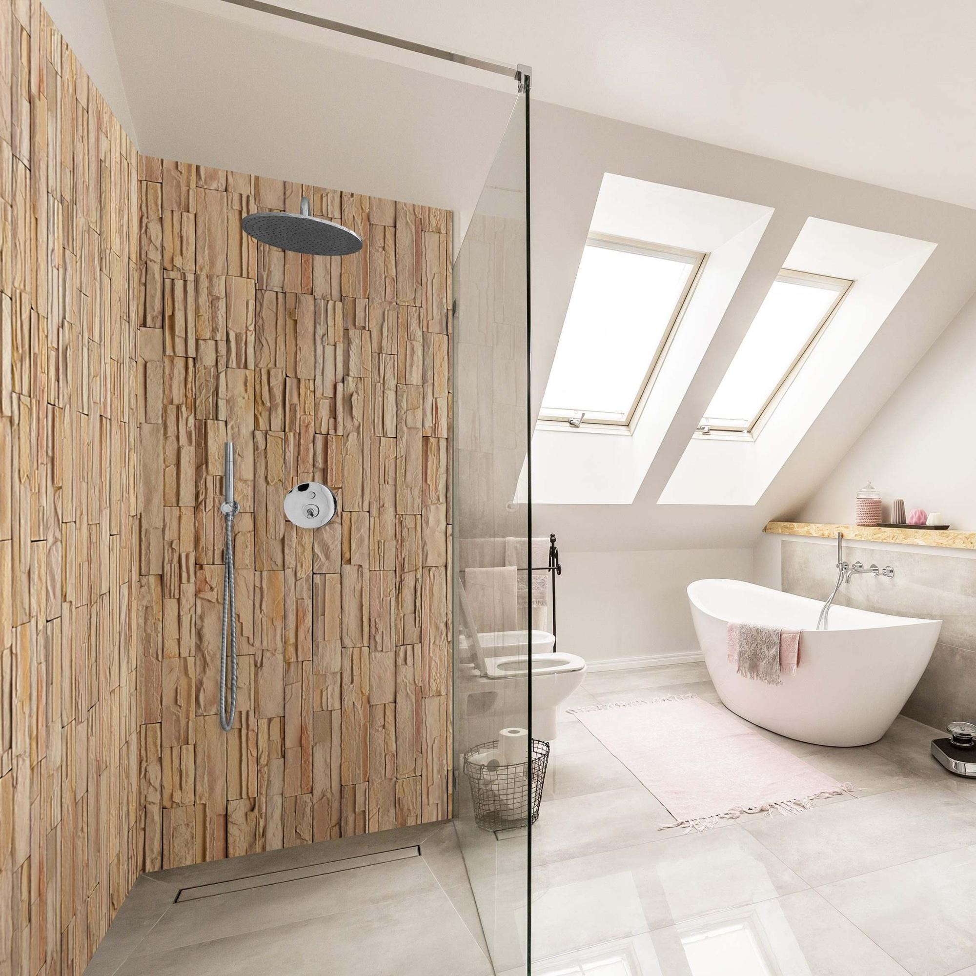 Duschrückwand mit Motiv selbstklebend - 0.35 mm Wandpaneel wasserfest Naturstein beige Steinoptik Industrial Badrückwand fugenlos Smart matt 110x210 cm