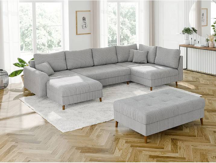S-Style Möbel Maya - Wohnlandschaft mit Schlaffunktion und Hocker mit Braun Holzfüßen im skandinavischen Stil aus Cord-Stoff - Hellgrau