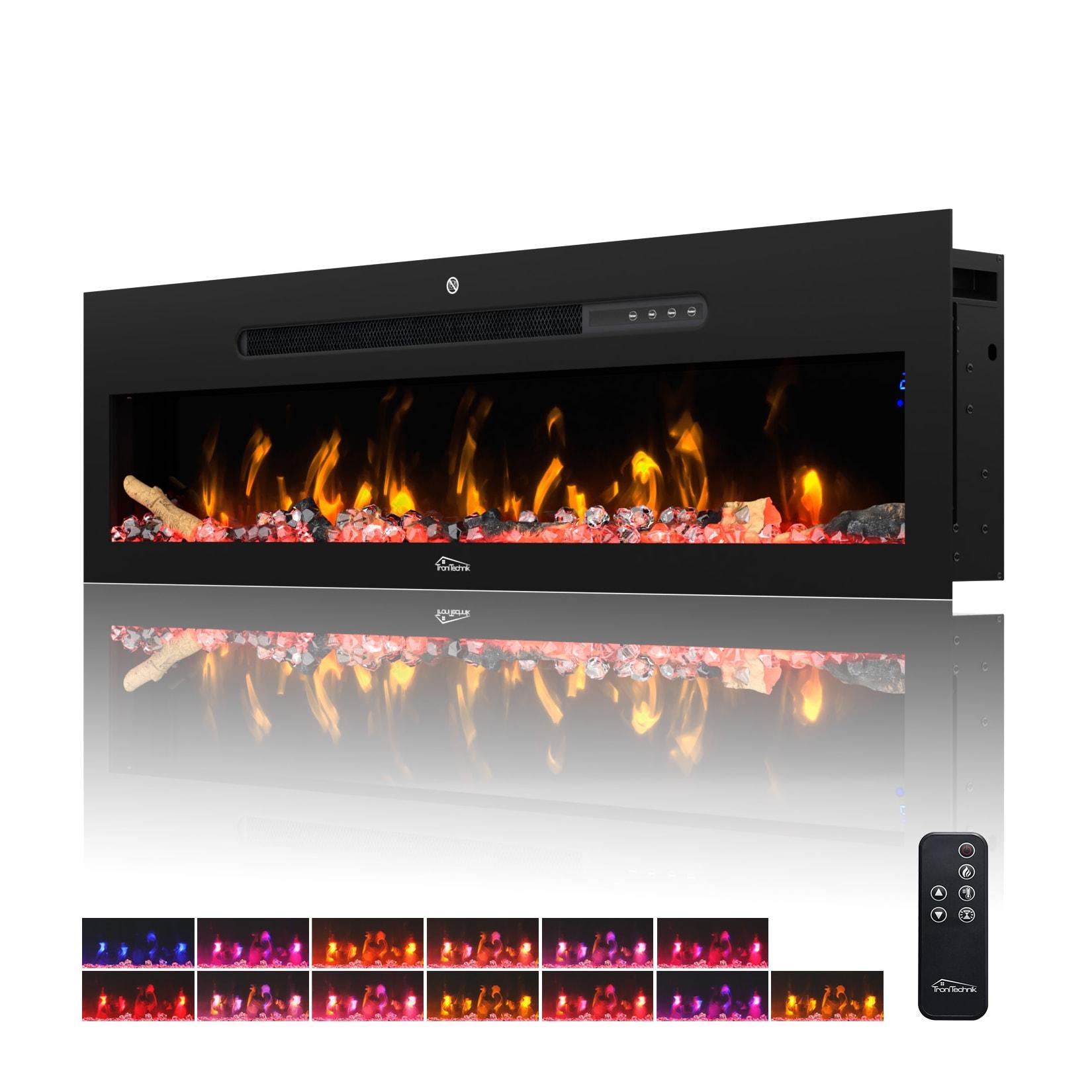 TroniTechnik® Wandkamin elektrisch, Panorama Elektrokamin Schwarz mit LED Flammeneffekt, 900/1800W Heizleistung, dimmbar, App-Steuerung, Fernbedienung, Timer, Kristalle
