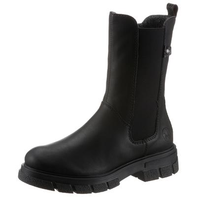 Chelseaboots RIEKER, Damen, Gr. 40, wärmend, schwarz, Lederimitat, Schuhe Chelseaboots, Stiefelette, Blockabsatz, Boots mit breitem Stretcheinsatz, Topseller
