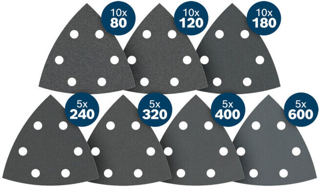 BOSCH PRO Set de feuilles abrasives F355, K80/120/180/240/320/400/600, 93 mm, 50 pcs Starter Pack (2608623333)