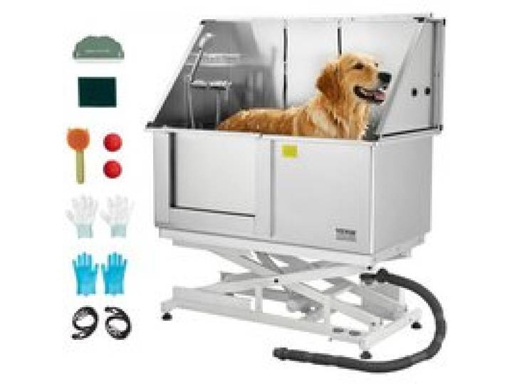 VEVOR Baignoire de Chien Acier Inoxydable, Baignoire de Toilettage Électrique pour Animaux de Compagnie 127 cm Station de Lavage Chat, avec Panneau Filtre Eau, Robinet, Pommeau de Douche, Porte Gauche