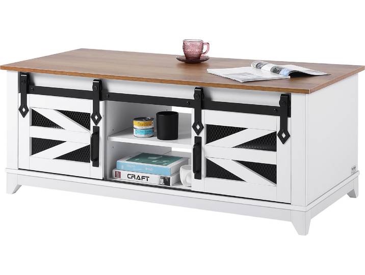 VEVOR Table basse table basse style ferme\, table basse rectangulaire avec 2 portes coulissantes\, capacité de charge 68 kg table de cocktail rustique à 2 niveaux