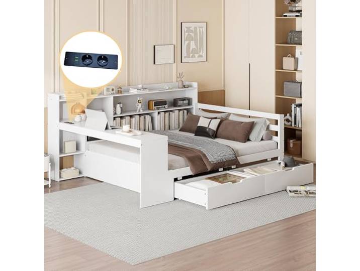 Ball & Cast Stauraumbett (140 * 200cm) mit Schublade, Schlafsofa mit Vielen Ablagefächern + Schreibtisch und USB-Anschlüssen, Einfach & Zeitsparend Montierbar, Weiß