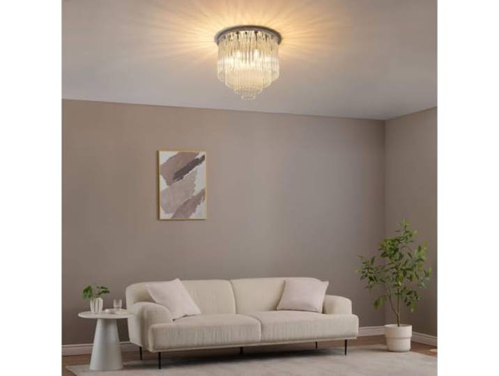 Plafonnier Sandrilla chromé pampilles verre 40 cm 6xE14 Socle chromé 40 cm\, cascade de pampilles en verre\, 6 culots E14\, effet scintillant décoratif
