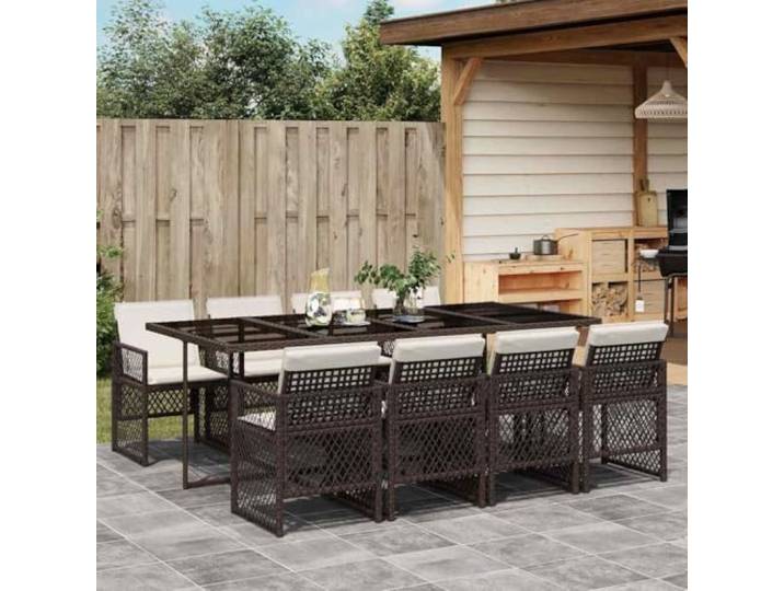 HEFZGDB 9-TLG. Garten-Essgruppe mit Kissen Braun Poly Rattan, Klappstühle mit Glas Tischplatte für Terrasse, Langlebiges PE Rattan Set mit Polsterung, Wetterfeste Outdoor Möbel