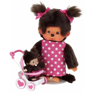 Monchhichi Kuscheltier 254930, Mädchen mit Kinderwagen, ab 2 Jahre, 20 cm