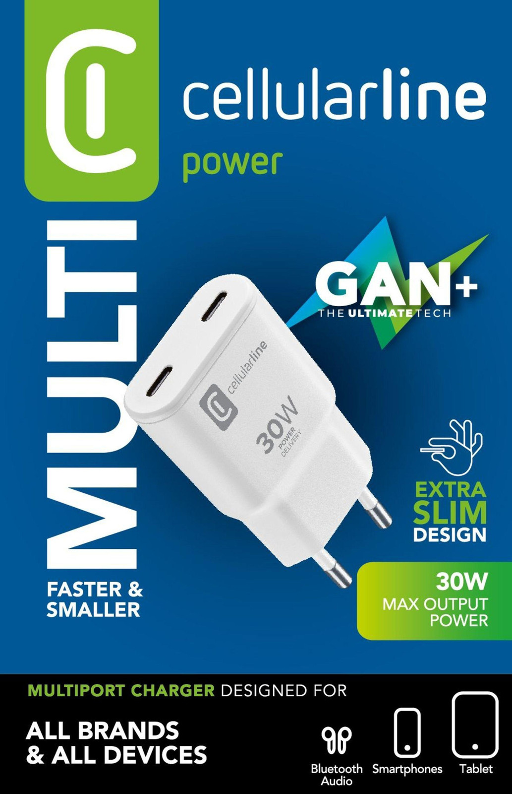 Cellularline GAN wandlader met 2x USB-C poorten, 30W PD, wit