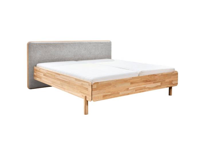 Linea Natura Bett, Grau, Hellbraun, Holz, Eiche, furniert, Hartholz, 180x200 cm, gepolstertes Kopfteil, für Lattenrost geeignet, Schlafzimmer, Betten, Doppelbetten