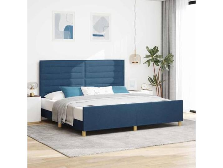 Bettgestell mit Kopfteil blau 200 x 200 cm Stoff Minimalistisches Design, klare Linien, Stoffbezug, Schaumstoffpolsterung, Kopfteil und Fußteil im Lieferumfang enthalten