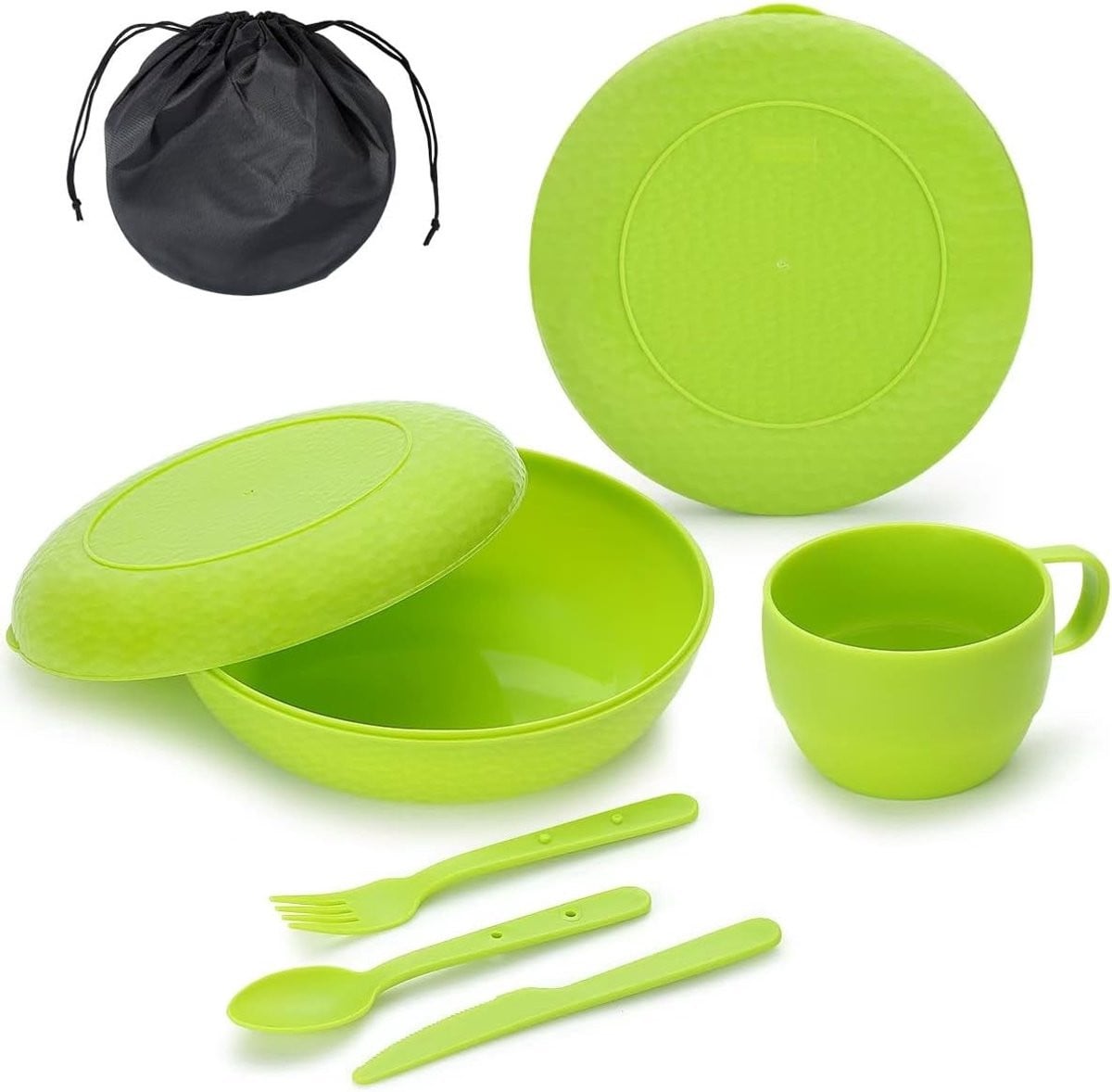 Complete Camping Mess Kit met Kom, Bord, Beker, Lepel, Vork, Mes en Draagtas - Plastic Accessoires voor Kamperen en Picknicken