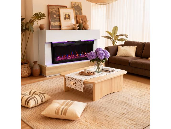 HOMAVO 36 Cheminée Électrique avec Meuble, Chauffage 1000/2000W, Effet Flamme 3D, Barre LED, Télécommande