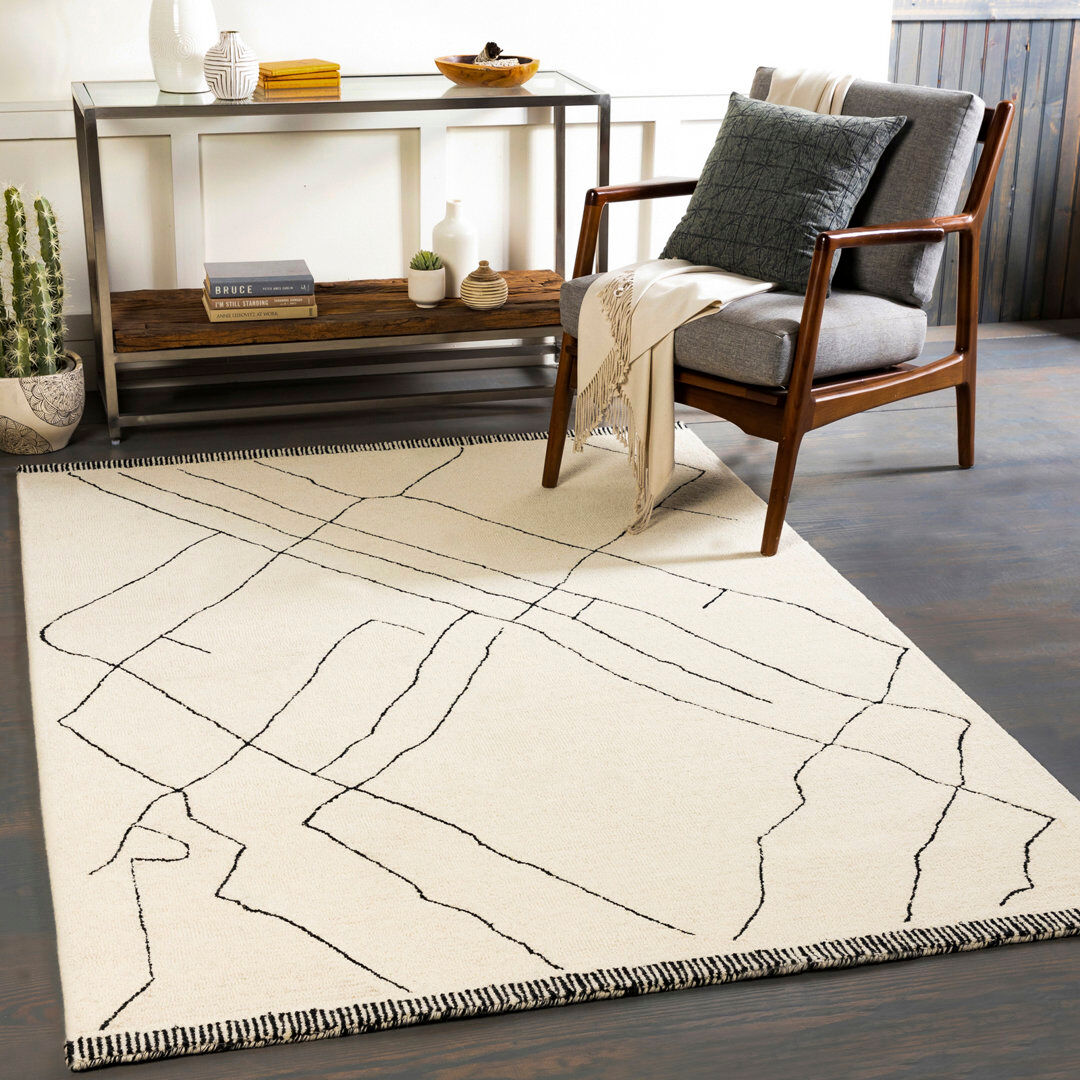 Livabliss Arsenal Abstract Moroccan Wool Hand Made Area Rug Beige;Black Rectangle 183 x 274 cm