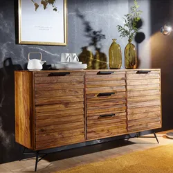 Massivholz Sideboard 160cm Sheesham Kommode mit 2 Türen & 3 Schubladen Industrial Design Metall schwarz