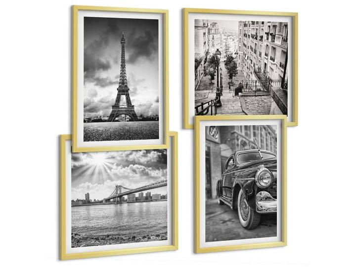 BILDER SET 4er Set - 50x50 cm & 40x60 cm Goldrahmen - Stadtansichten, Brücken, Eiffelturm, Auto