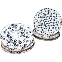 6er Set Totto Speiseteller Ø27cm Steingut Blau Weiß Blüten Blattdekor Ess-Teller