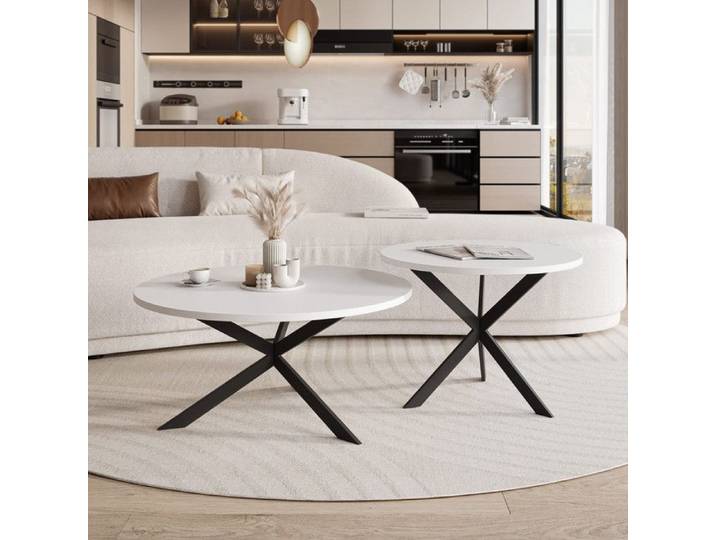 Lot de 2 Tables Basses Gigognes LIBERO - 75/58 cm - Structure en Métal - Moderne Table Basse Ronde - Noir / Blanc