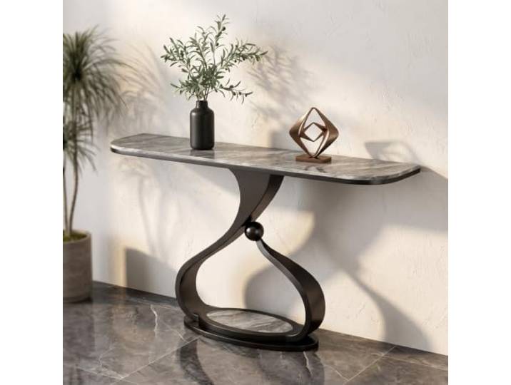 Weiwehome Moderner Konsolentisch mit Marmorplatte und skulpturalem Design Marmoroptik, skulpturaler Sockel, Eingangstisch, flurmöbel, platzsparend(Black-a,47.2in*13.8in)