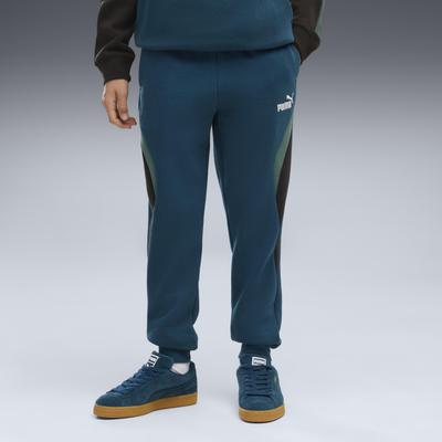 Trainingshose PUMA "ESS BLOCK SWEATPANTS FL B", Jungen, Gr. 128, N-Gr, blau (midnight petrol), Fleece, Obermaterial: 66% Baumwolle, 34% Polyester, regular fit normal, Hosen Trainingshose, Regular Fit, für Sport und Freizeit, sportlicher Stil