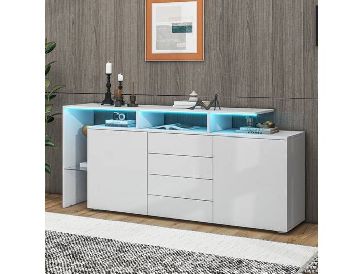 Buffet design blanc brillant avec éclairage LED - Rangement multifonctionnel pour salon et salle à manger - Moderne et élégant