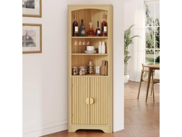 oneinmil Hoher Eckenschrank, Mid-Century-Modern Stauraumschrank mit geriffelten Türen, Eckregal mit Türen für Küche, Badezimmer und Wohnzimmer, Eiche