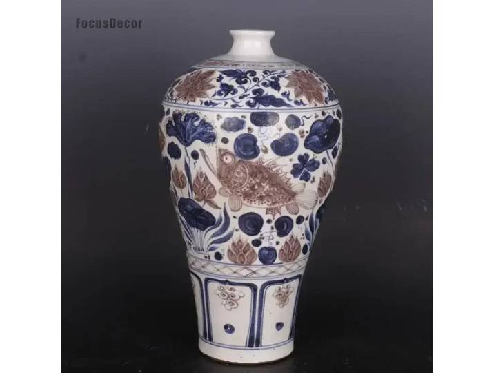 Bleu blanc Vintage 60S Vase fleur poisson rouge Vase à poisson en céramique grand col étroit Vase Vases pour fleurs décoration