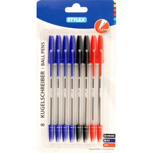 Stylex Kugelschreiber 30094, blau, schwarz, rot, 8 Stück