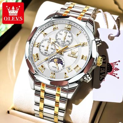 Uplifted Finds Olevs 3675 Mens Multifunction Chronograph Quartz Watch Moon Phase Design gold white