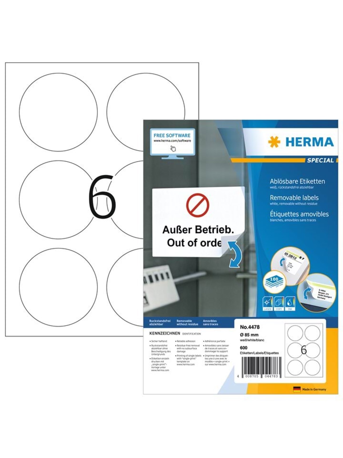 HERMA Ablösbare Etiketten A4, Ø 85 mm, rund, weiß