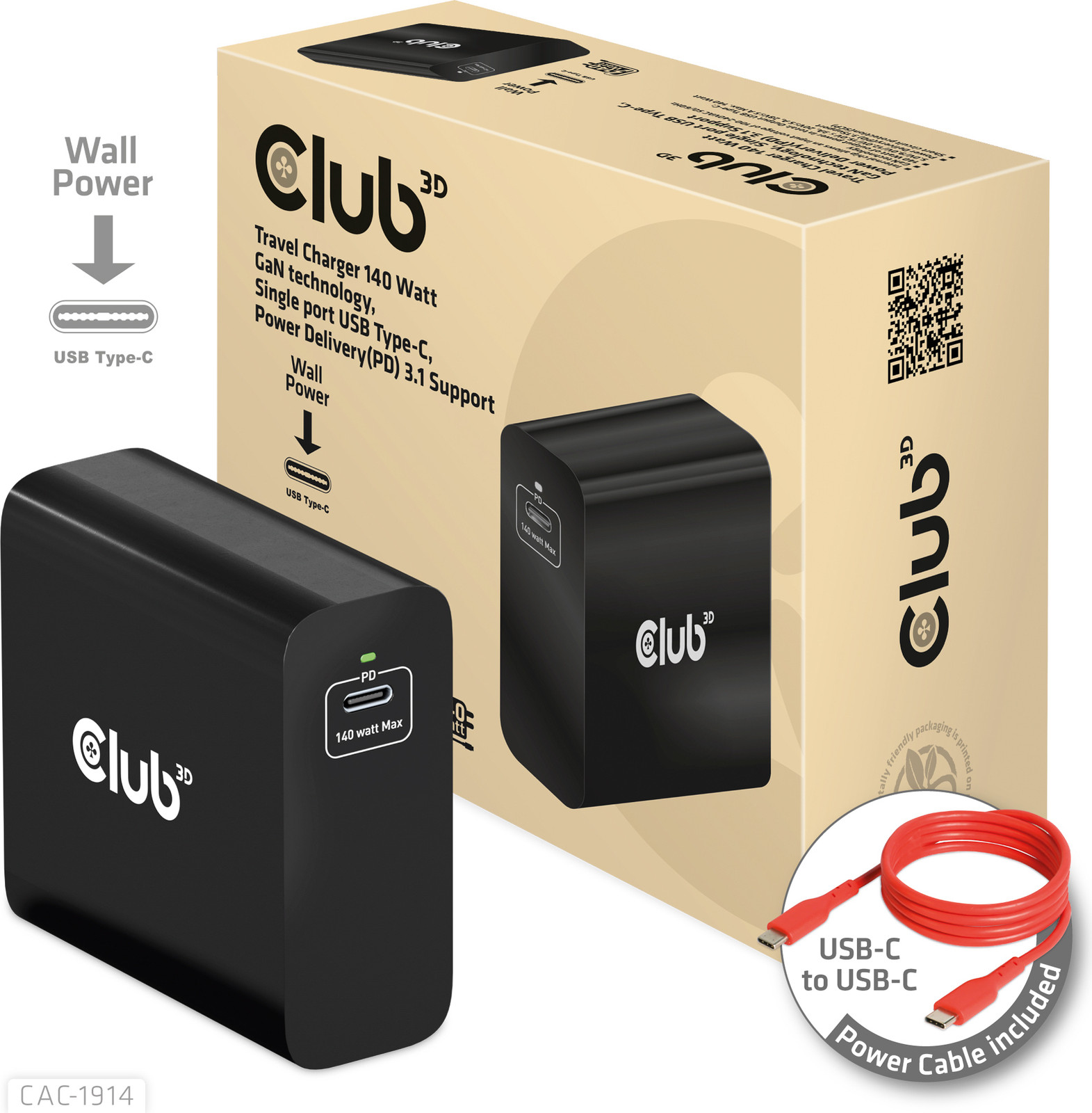 Club3D CAC-1914EU GaN USB-C Oplader met 140W Power Delivery