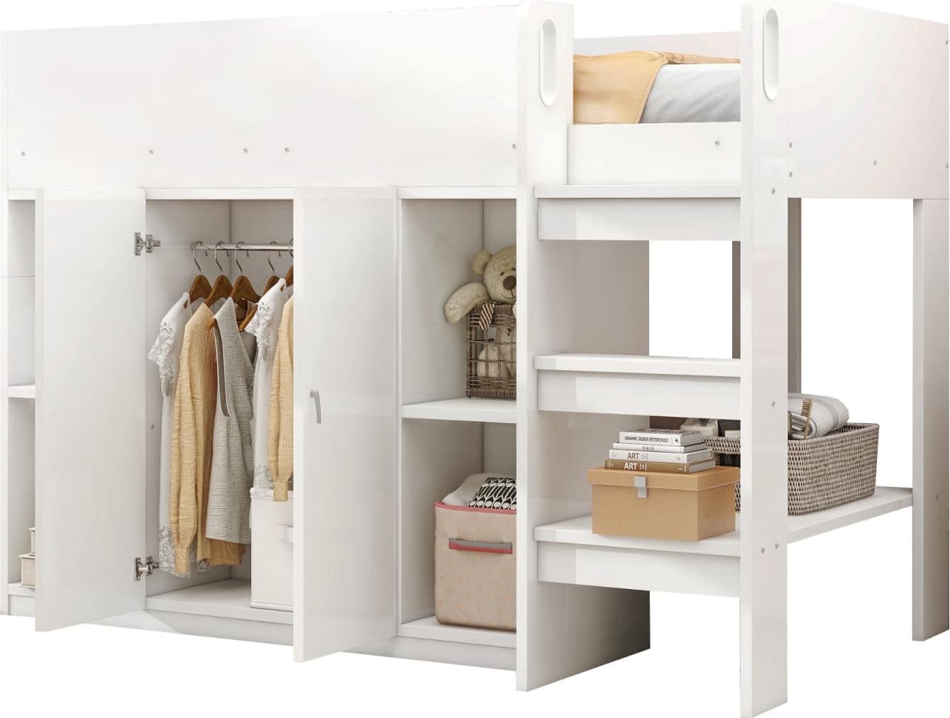 Multifunktionales Hochbett 90*200 mit Stauraum , Schrank und Regalen - Kinderbett mit Leiter und stabiler Konstruktion Weiß